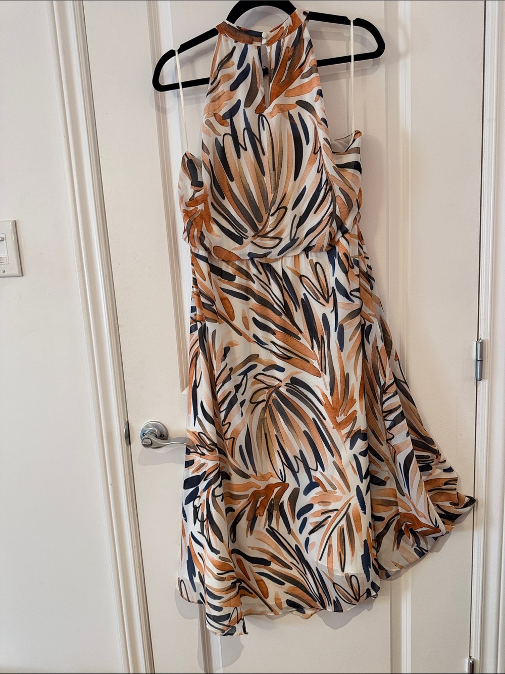 Sleeveless Halter Midi Dress in Cream with Tan & Navy Leaf Print - Picture 4 of 5